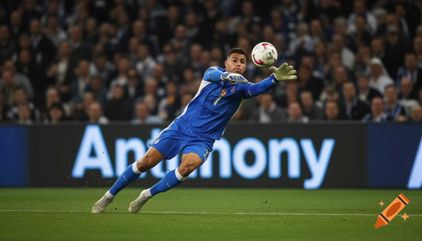 A soccer goalkeeper in a blue uniform dives to block a ball mid-air in a stadium with "Anthony" displayed on a background screen.