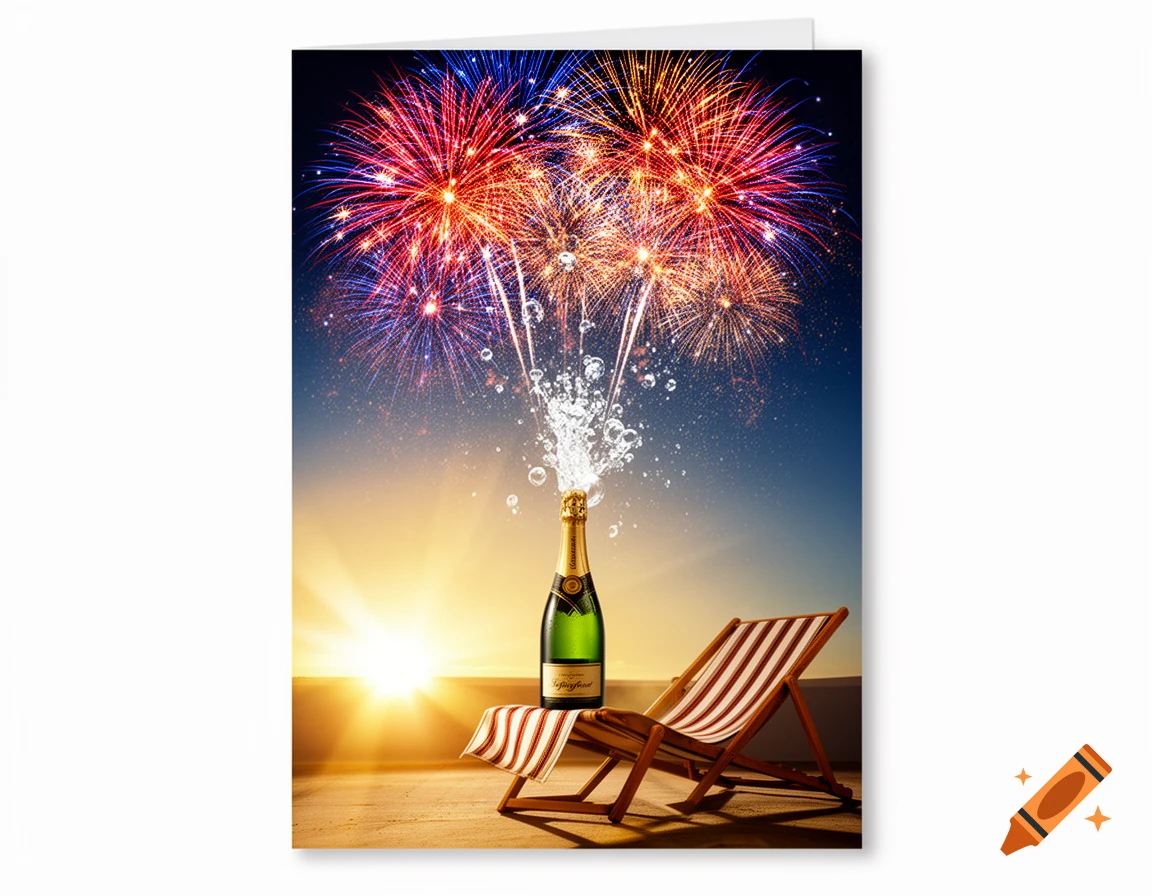 A greeting card with a champagne bottle spraying bubbles, fireworks exploding in the night sky, and a wooden deck chair on a beach at sunset.