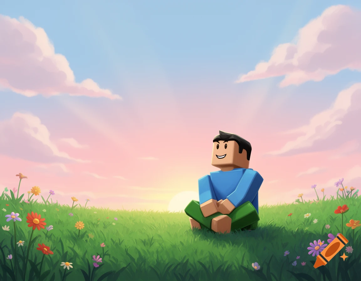 An illustrated Roblox character sits cross-legged in a vibrant green field with wildflowers, looking towards a colorful sunrise or sunset sky.