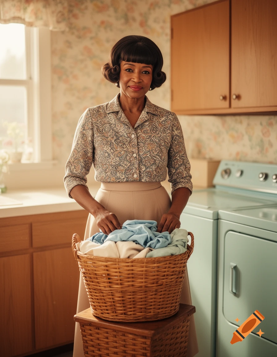 A smiling middle-aged Black woman with a 1960s hairstyle loads laundry into a basket in a vintage room.
