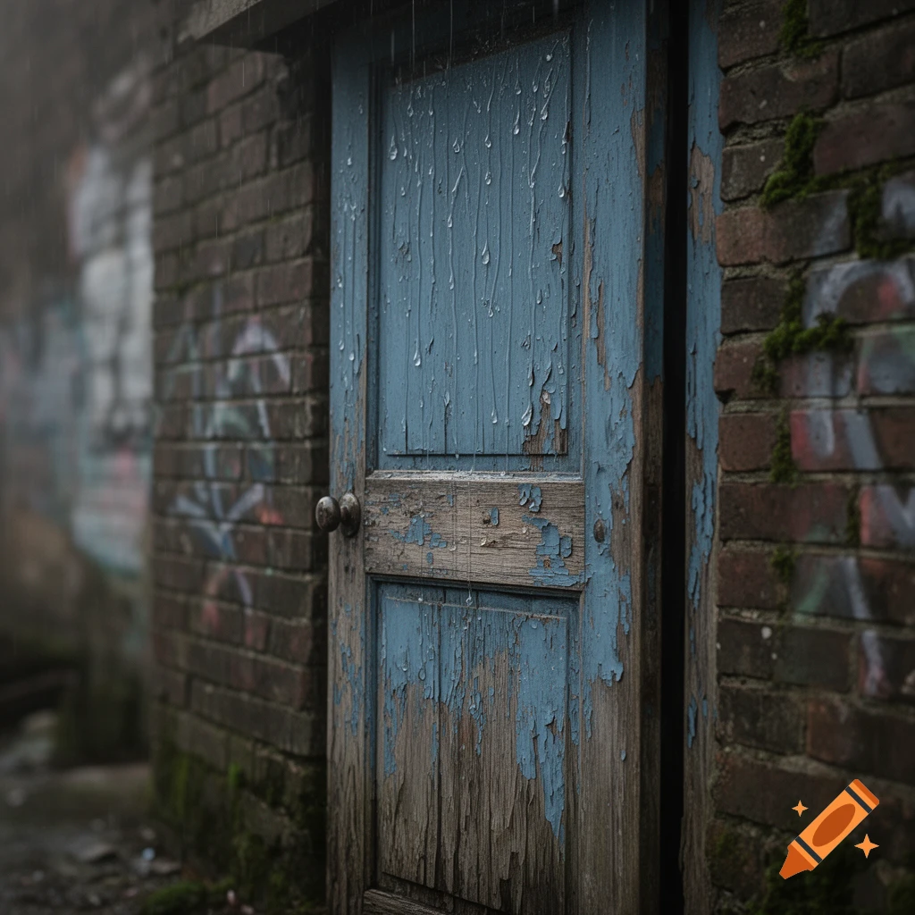 A weathered blue wooden door with peeling paint, streaked with rainwater, set in a mossy brick wall on a rainy day.