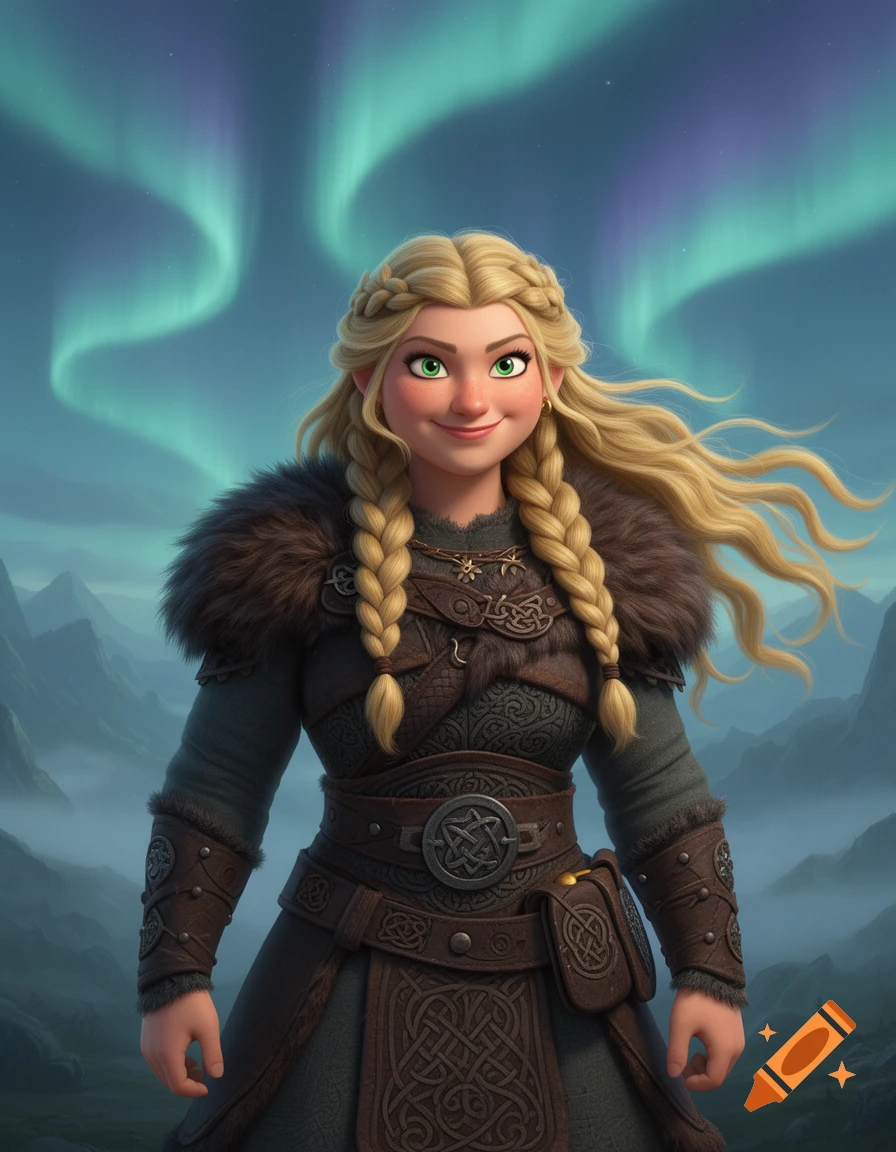 A smiling blonde woman with braided hair and green eyes, dressed as a Viking, stands against a misty mountain range with the Northern Lights, in a cartoon style.