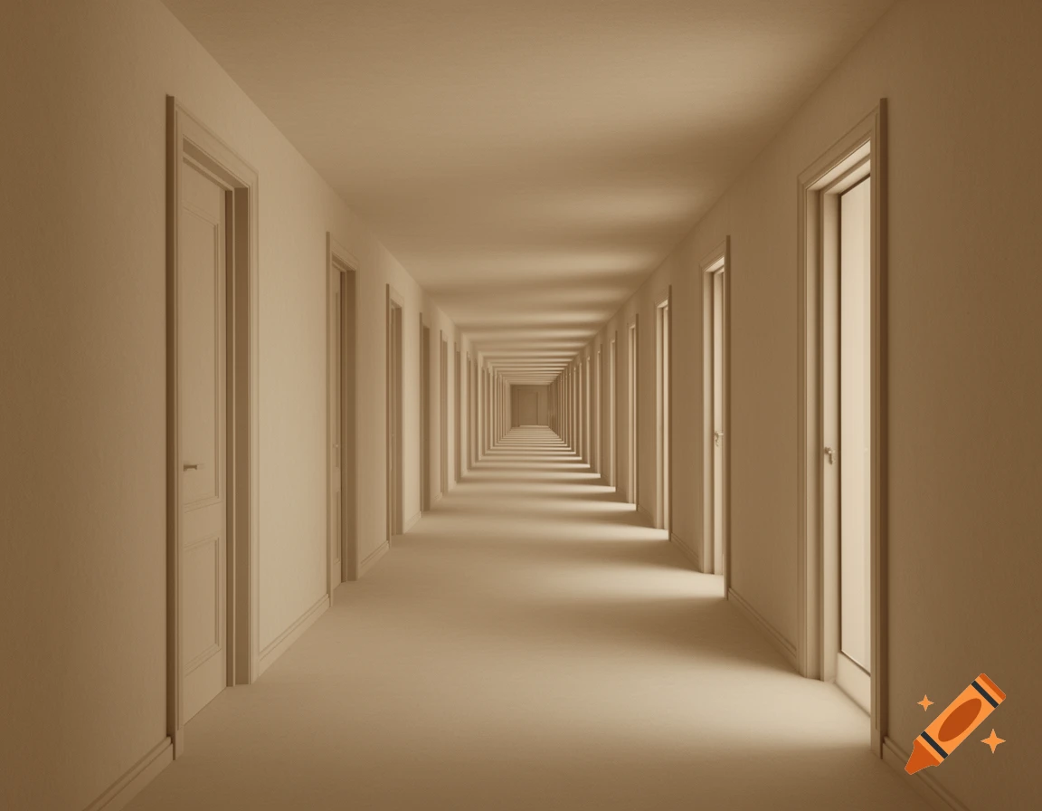A long, minimalist beige hallway with repeating doors receding into the distance, creating an infinite visual.