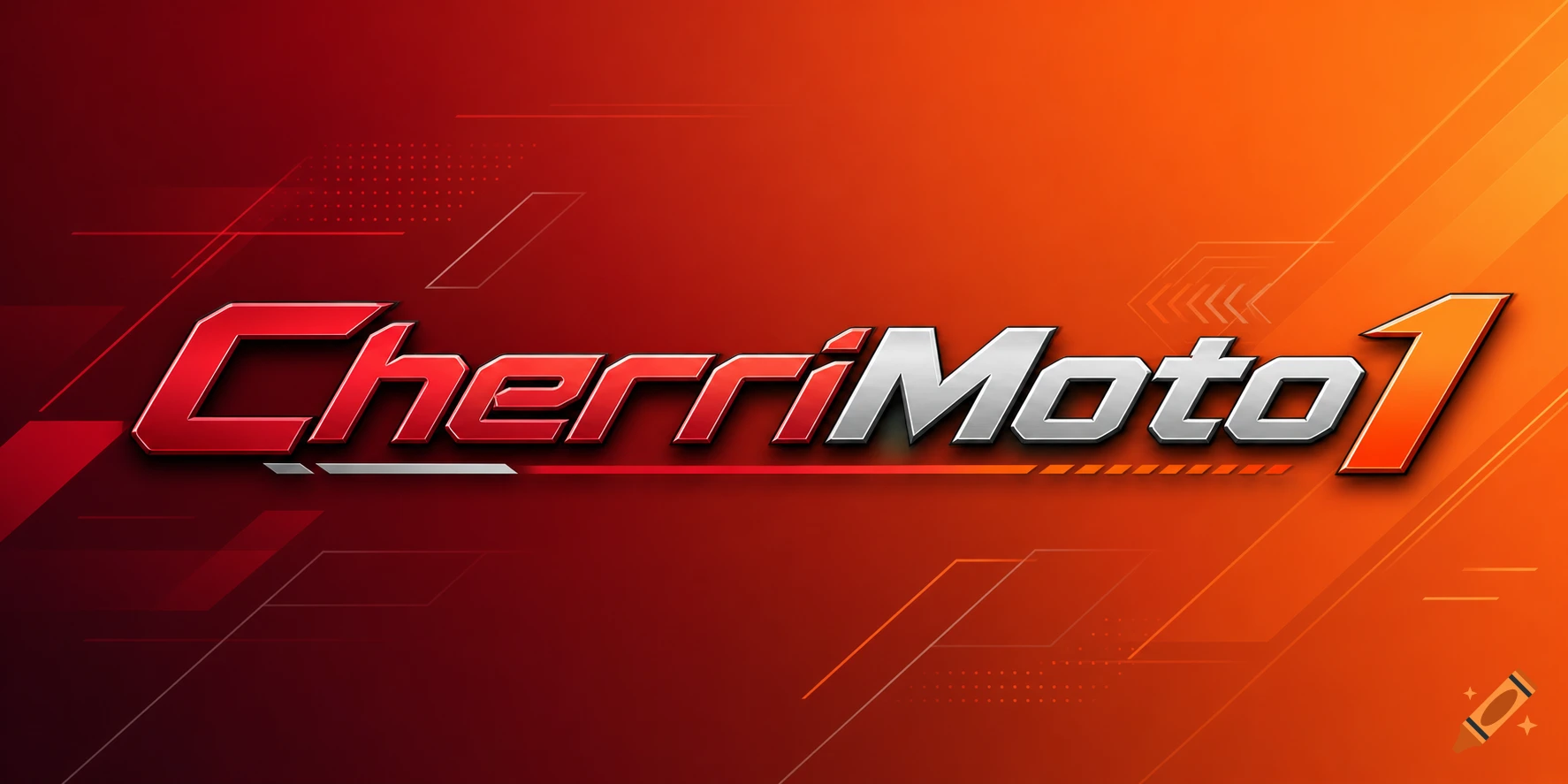 A sleek 3D logo with "CherriMoto1" in red and silver, set against a gradient orange and red background with abstract lines and dots.
