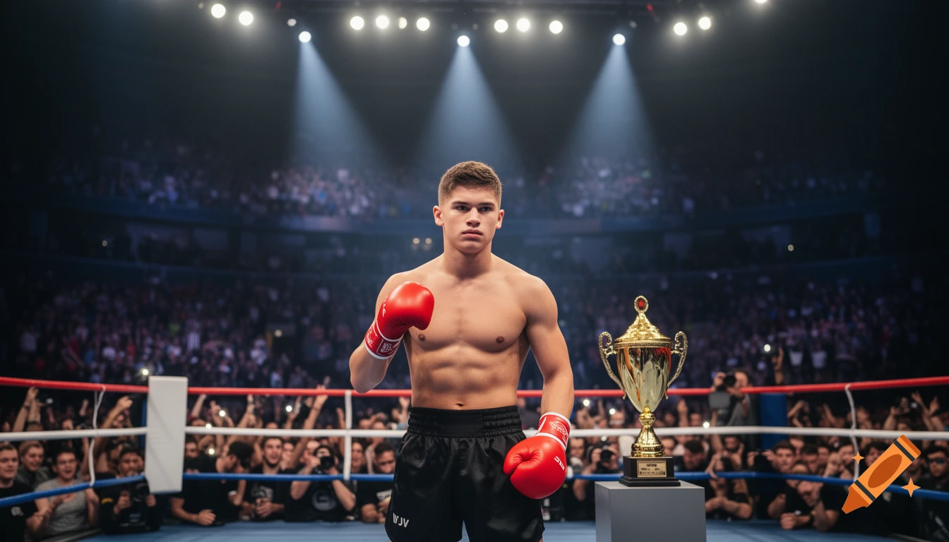 A muscular male boxer in red gloves and black shorts stands confidently in a boxing ring next to a golden trophy, under bright spotlights with an ecstatic crowd in the background.