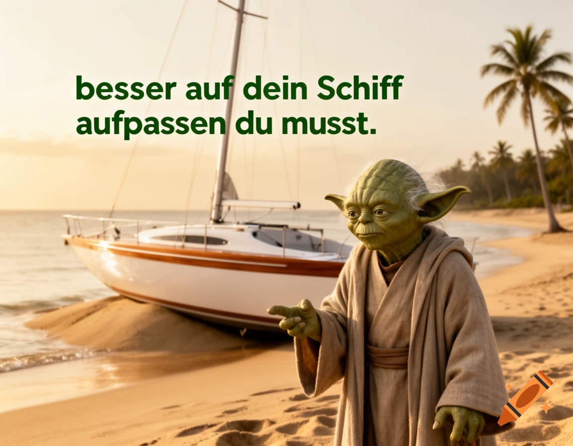 Yoda on a tropical beach at sunset, pointing at a stranded sailboat, with the text 'besser auf dein Schiff aufpassen du musst.'