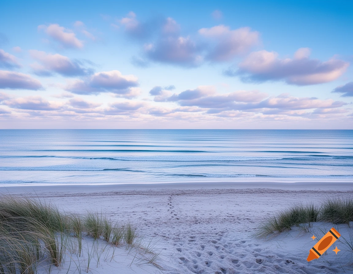 A serene beach with gentle waves under a light blue sky with scattered clouds, and footprints leading down to the ocean.