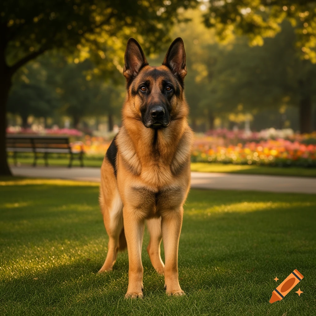 A photorealistic German Shepherd dog stands on a sunny green lawn in a park with trees and colorful flowers in the background.