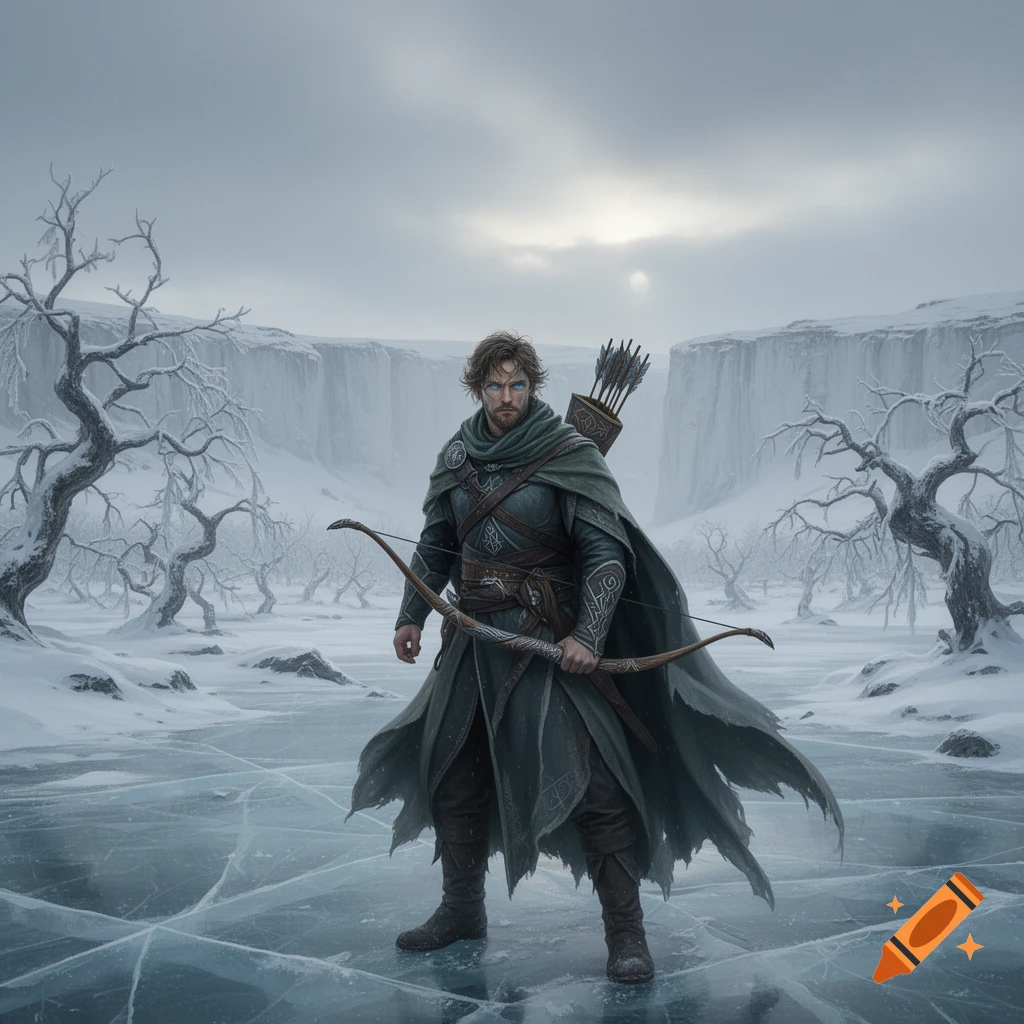 A male fantasy ranger with a bow stands on cracked ice in a snowy, barren landscape under a cloudy sky.