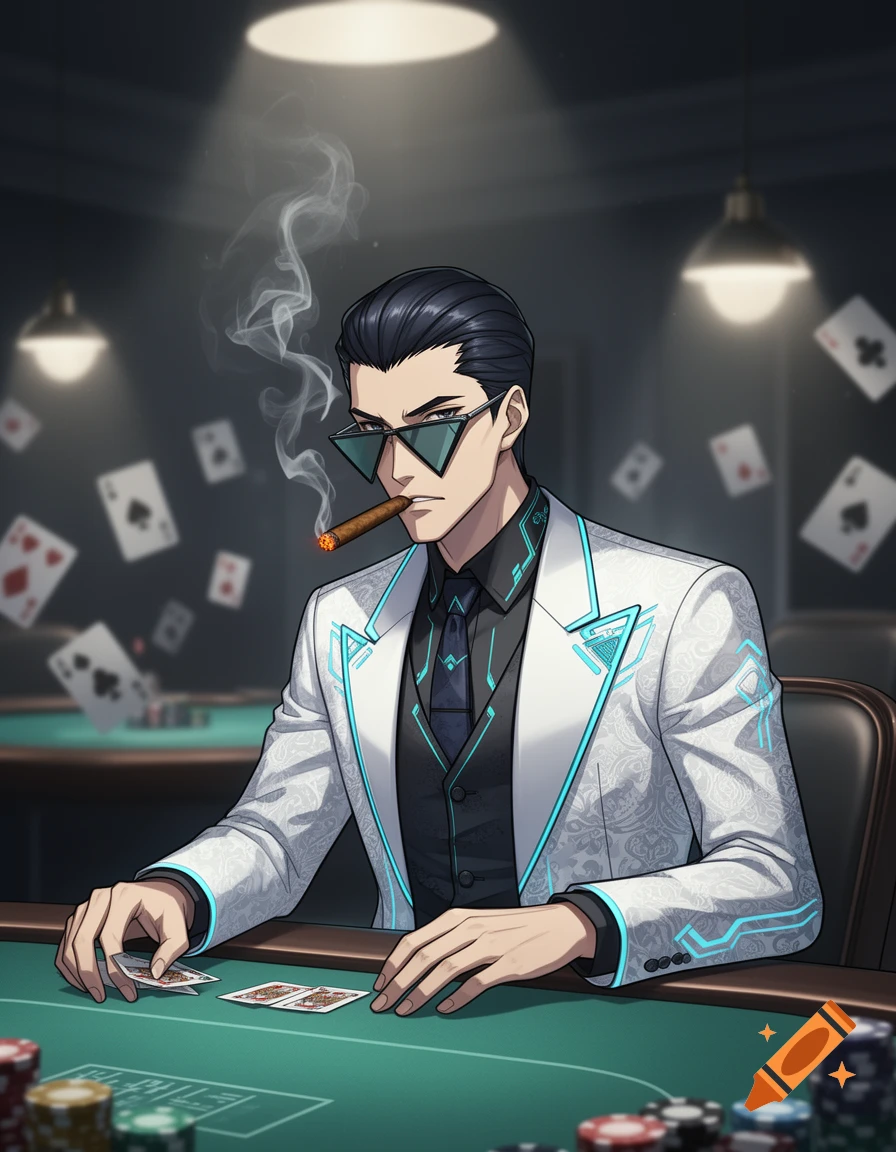 An anime man in a white suit with blue neon accents and triangular sunglasses smokes a cigar while playing poker at a table.