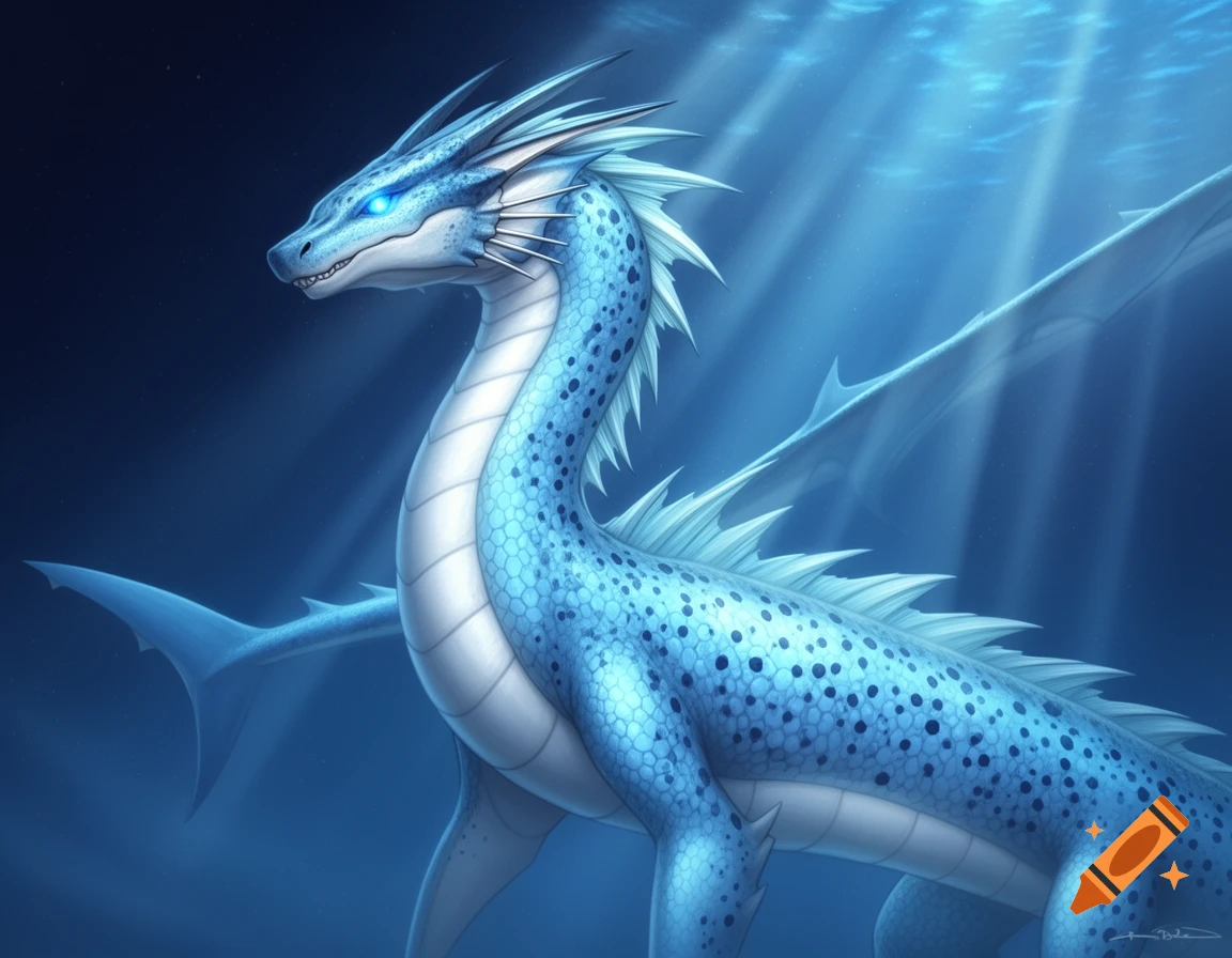A majestic blue dragon with glowing eyes, light blue scales, and a white underbelly swims underwater with light rays.