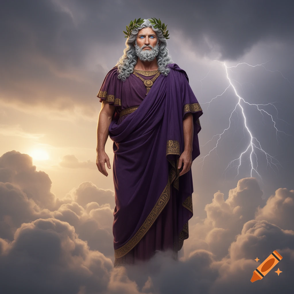 A powerful god-like figure, resembling Zeus or Jupiter, with a gray beard and a laurel wreath, stands amidst dramatic clouds with lightning.