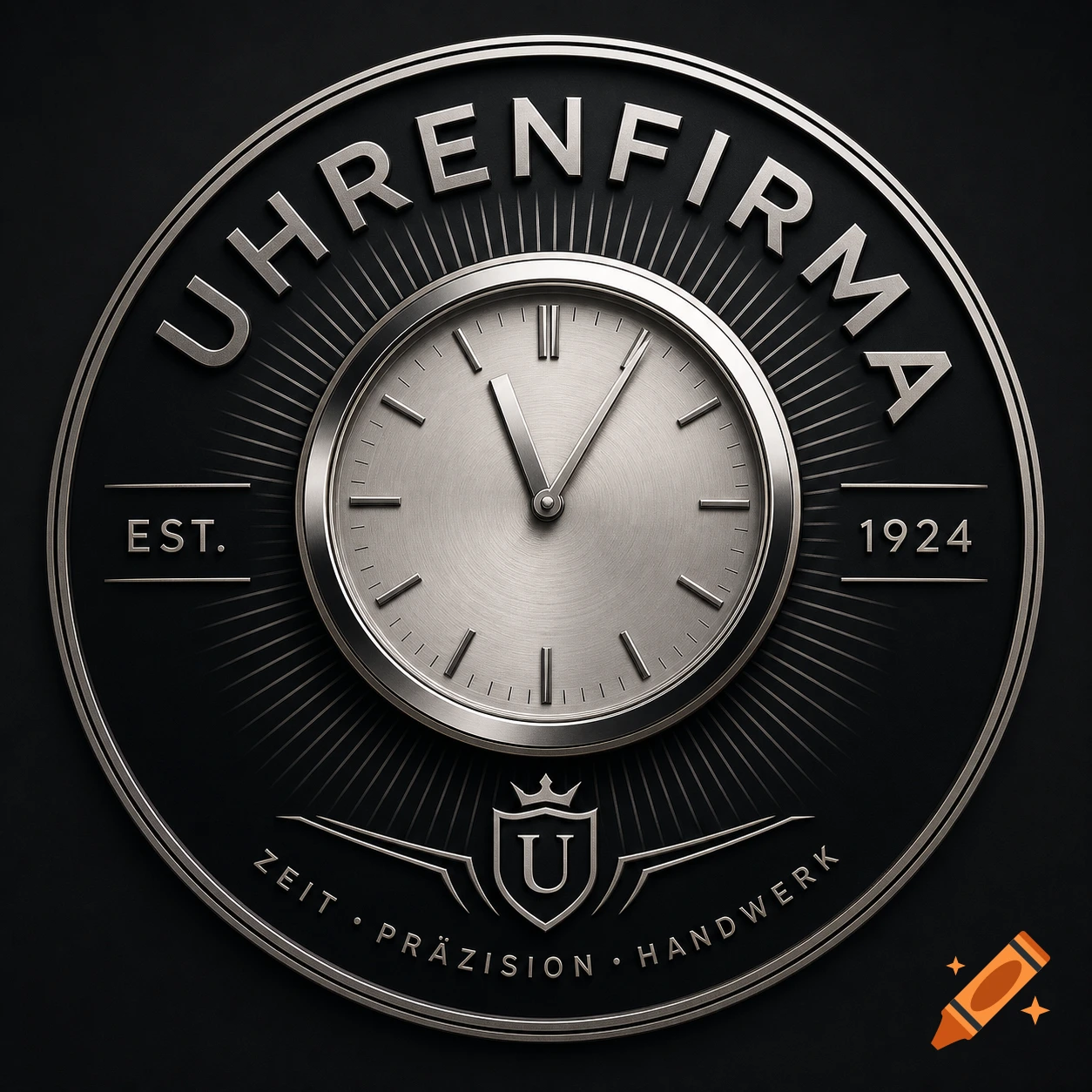 Elegant silver and black embossed logo for a watch company, featuring a central watch face and text 'UHRENFIRMA'.