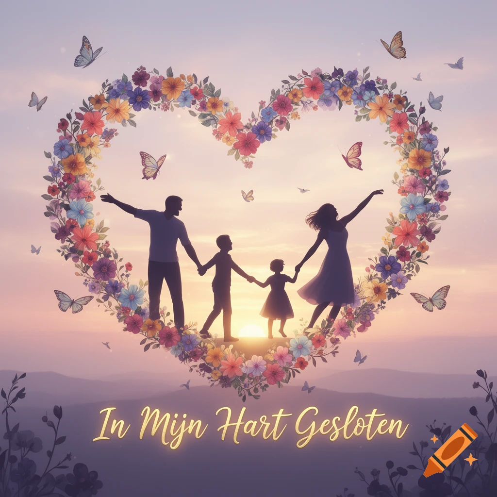 Silhouette illustration of a family holding hands within a heart made of colorful flowers against a sunset, with text 'In Mijn Hart Gesloten'.