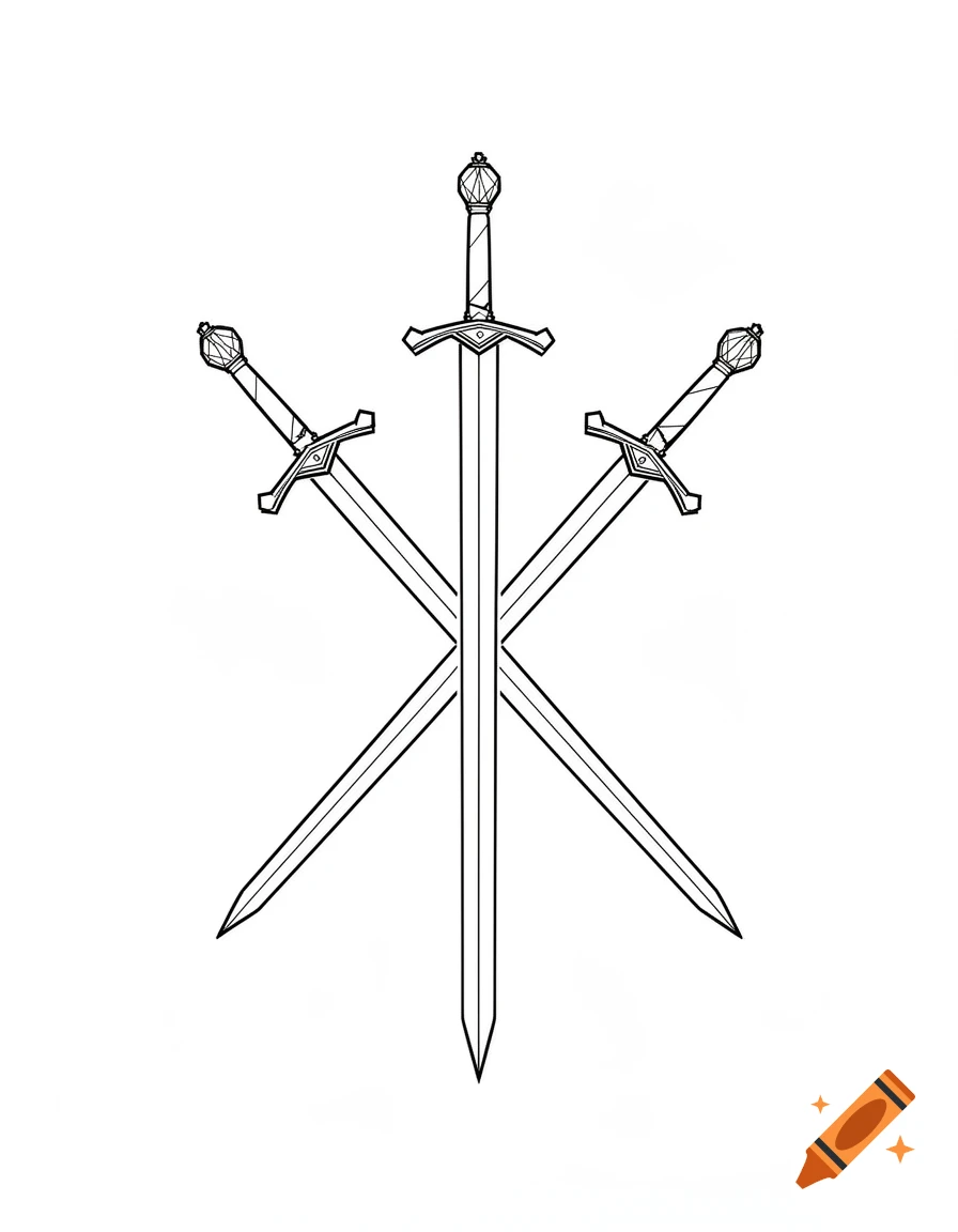 Minimalist black and white line art of three symmetrically crossed medieval swords.