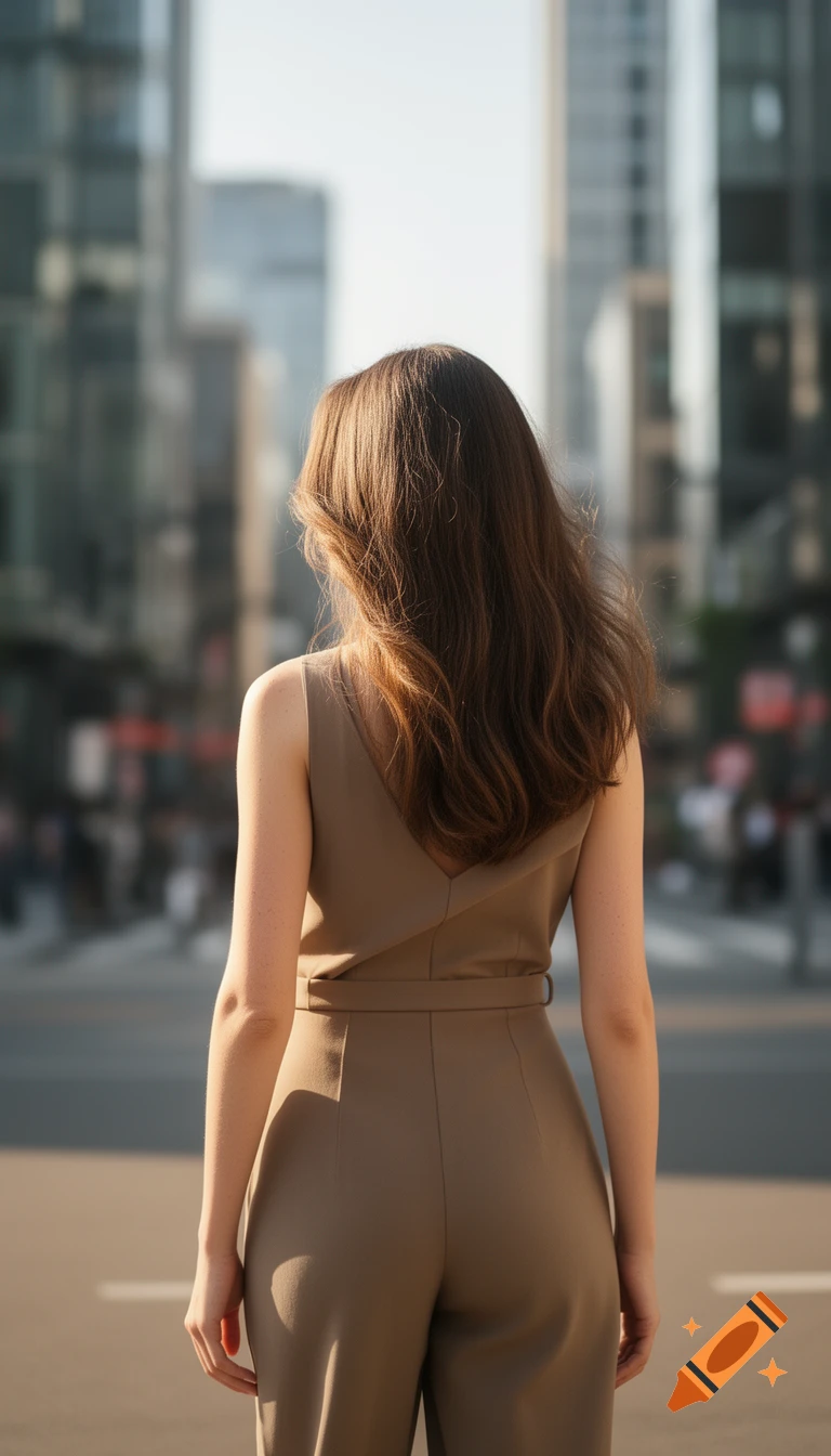 A woman in a tan jumpsuit, seen from behind, stands on a street looking towards blurred city buildings in a photorealistic style.