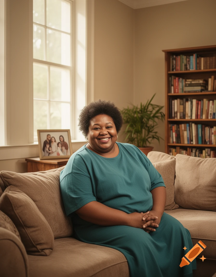 A smiling woman with curly hair sits on a sofa in a living room with a bookshelf and window in the background.