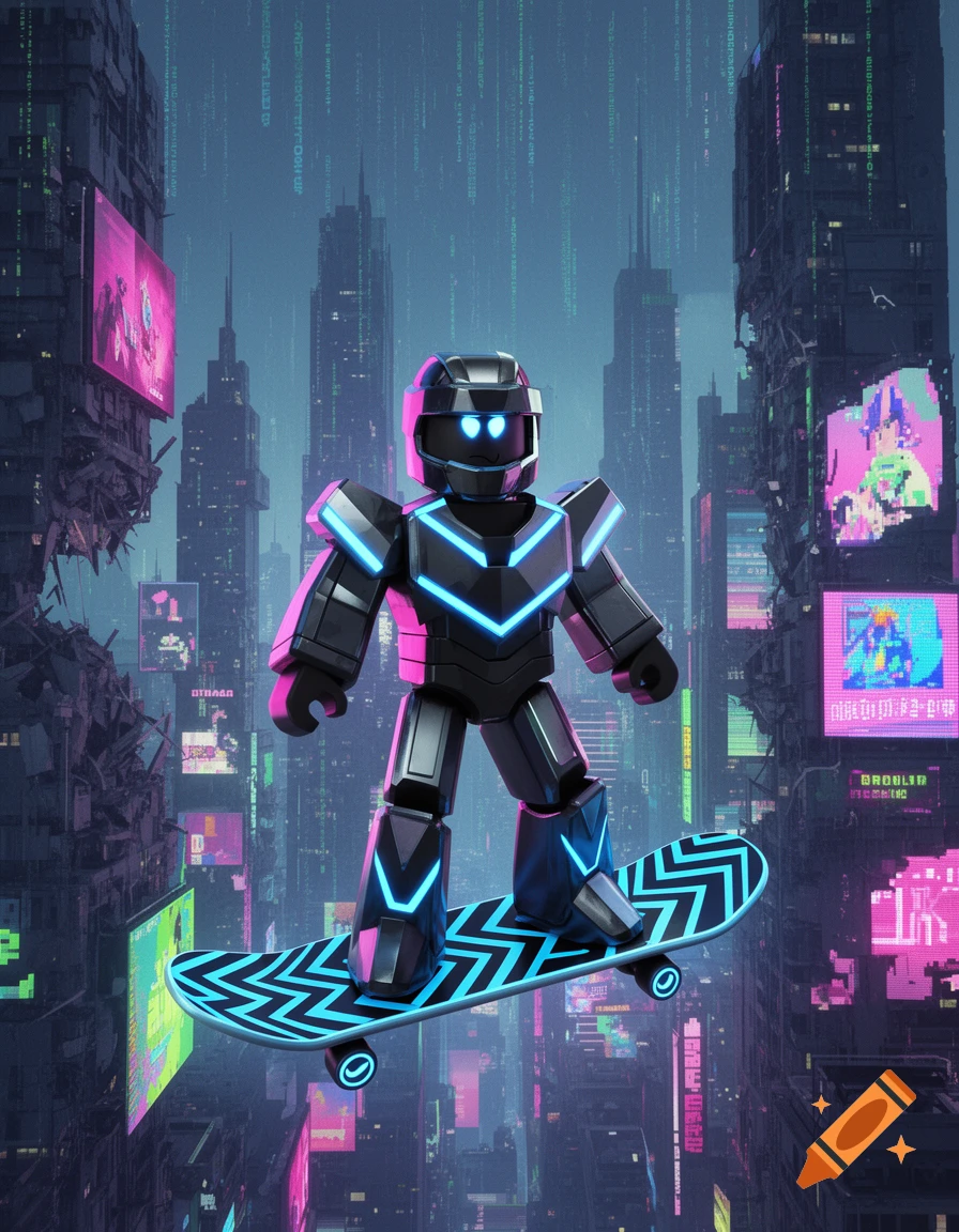 A metallic robot with glowing blue lines rides a patterned skateboard through a futuristic neon cyberpunk city with tall buildings and digital code falling.