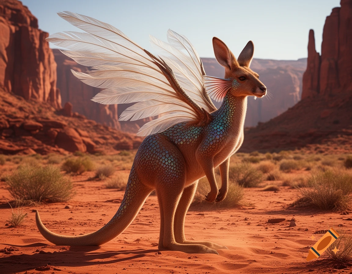 A fantasy creature, a kangaroo with feathery wings and iridescent scales, stands in a red desert landscape.