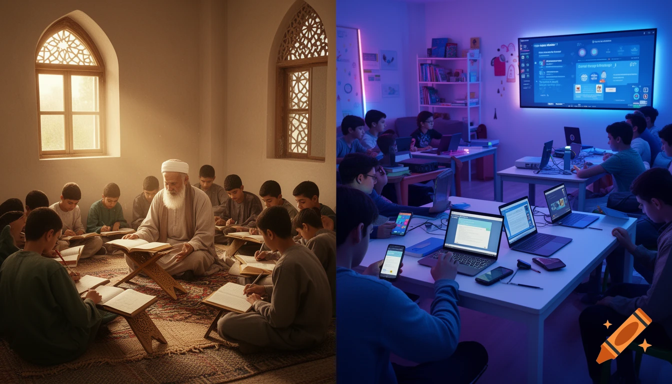 A split image showing a traditional classroom with students studying around an elder in a mosque, and a modern classroom with students using laptops and a large screen.