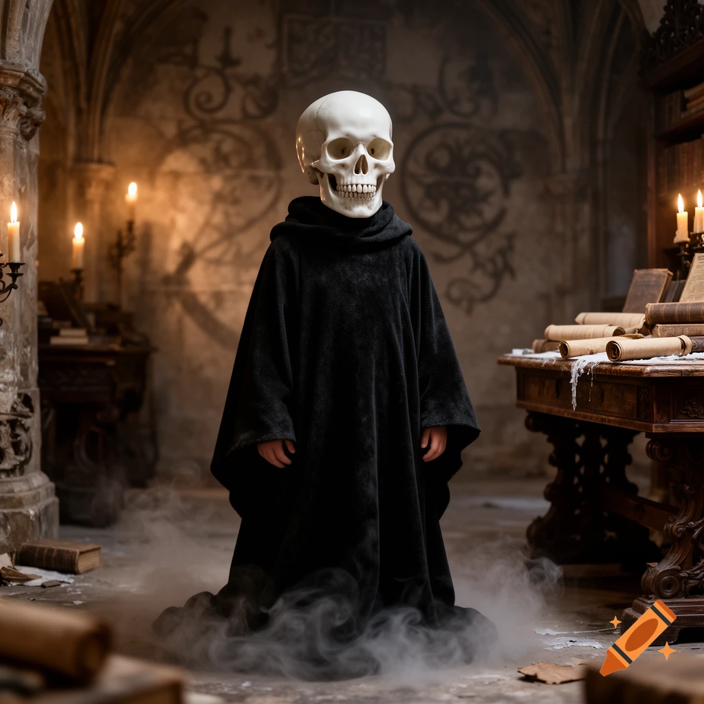 A short robed figure with a skull head stands in a misty, candlelit gothic library.
