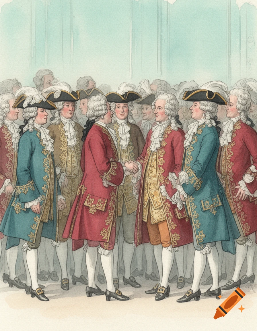 Watercolor illustration of a group of 18th-century noblemen in elaborate coats and wigs, two shaking hands.