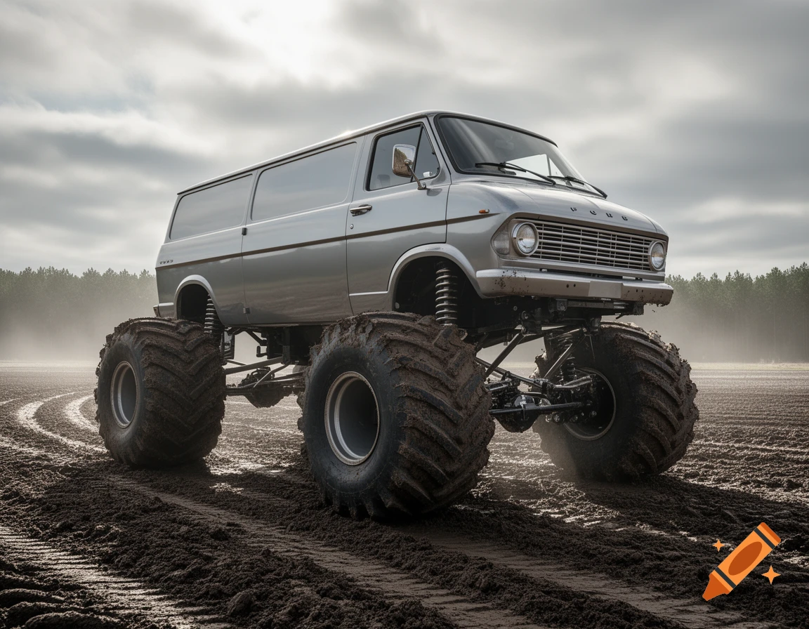 A silver Ford Transit van converted into a monster truck drives through a muddy field under a cloudy sky.
