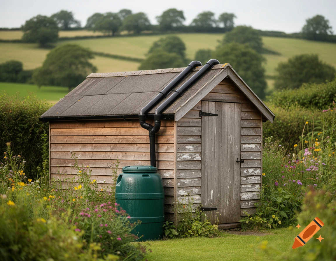 A rustic wooden shed with a black gutter system and a green rain barrel, surrounded by wildflowers and green hills.