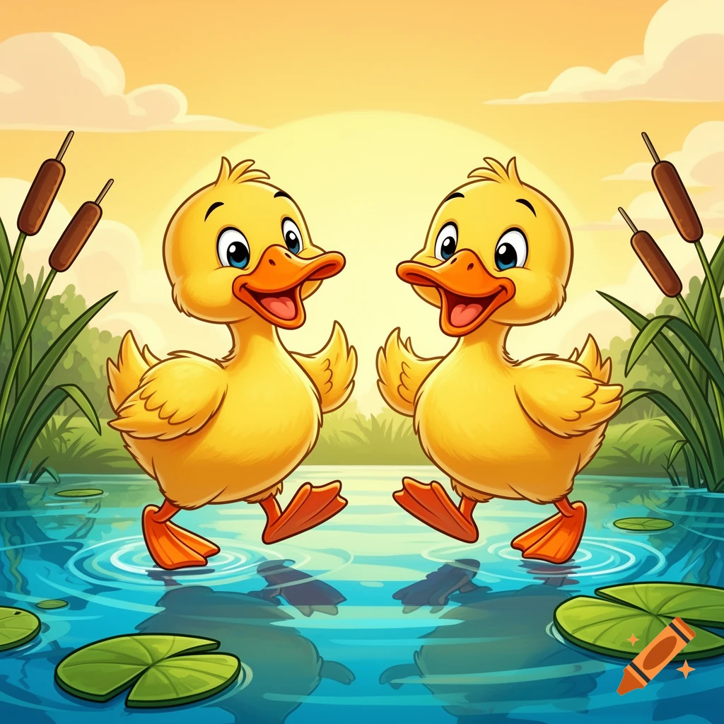 Two happy cartoon yellow ducklings walking on water in a pond with lily pads and cattails at sunset.