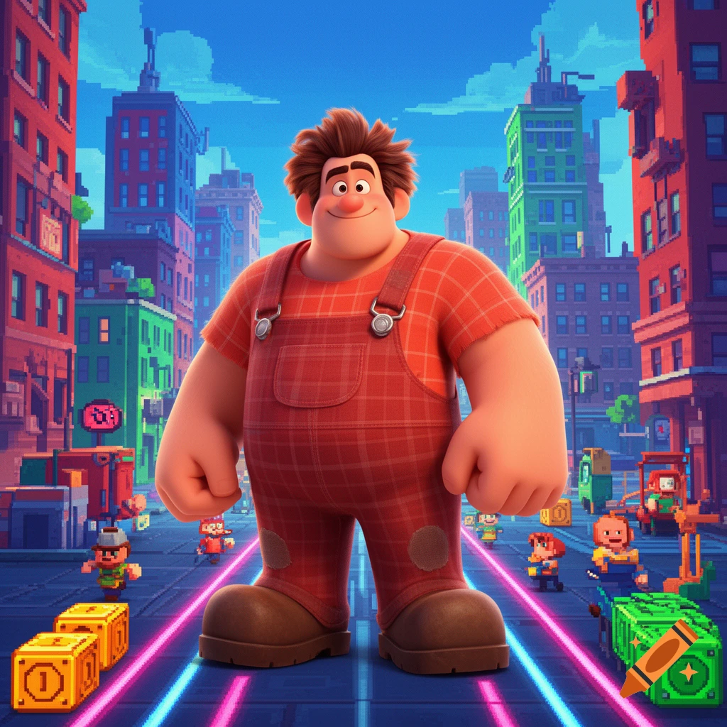 Wreck-It Ralph stands in a vibrant pixelated city with glowing neon lines on the ground and smaller pixel characters.