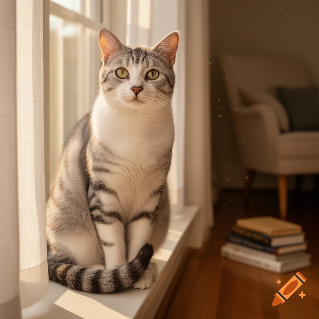 A grey and white tabby cat with bright green eyes sits on a sunny windowsill. Photorealistic.