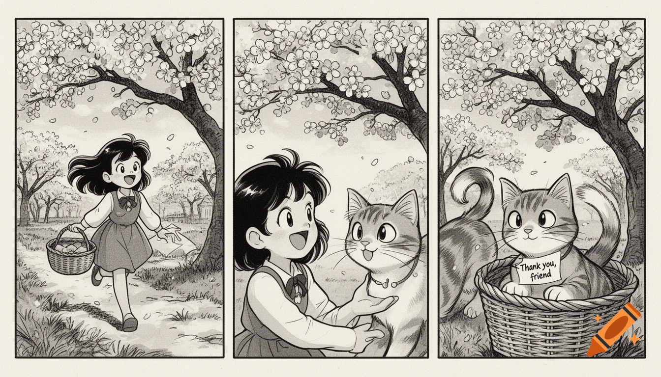 Three-panel, black-and-white manga comic of a girl in a cherry blossom park meeting a cat, which leaves her a 'Thank you' note in a basket.