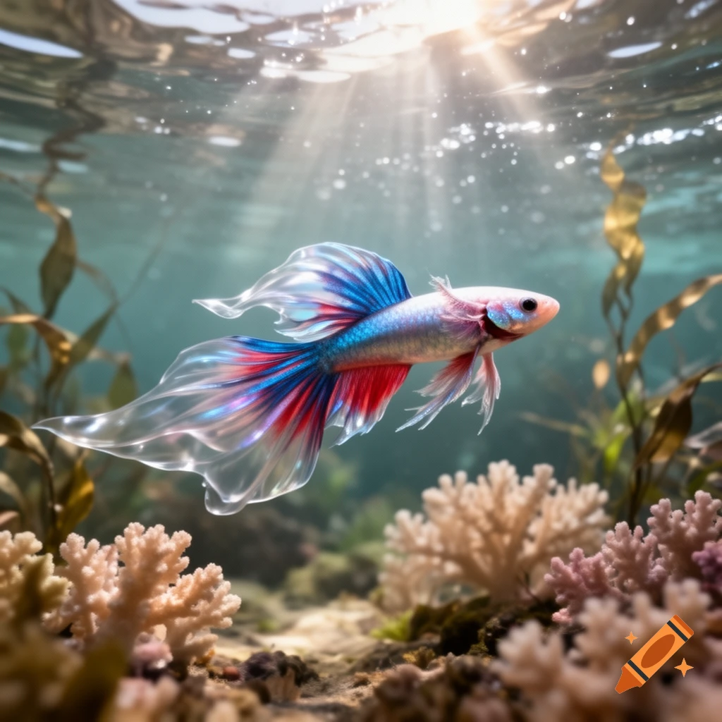 A vibrant betta fish with translucent, flowing blue and red fins swims in clear underwater, with sun rays piercing the surface.