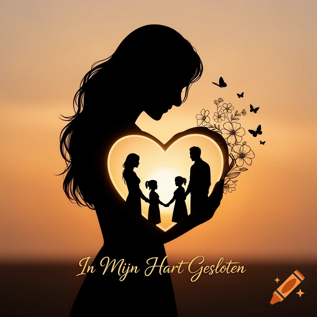 Silhouette illustration of a woman embracing a glowing heart with a family, butterflies, and flowers against a sunset. Text: In Mijn Hart Gesloten.