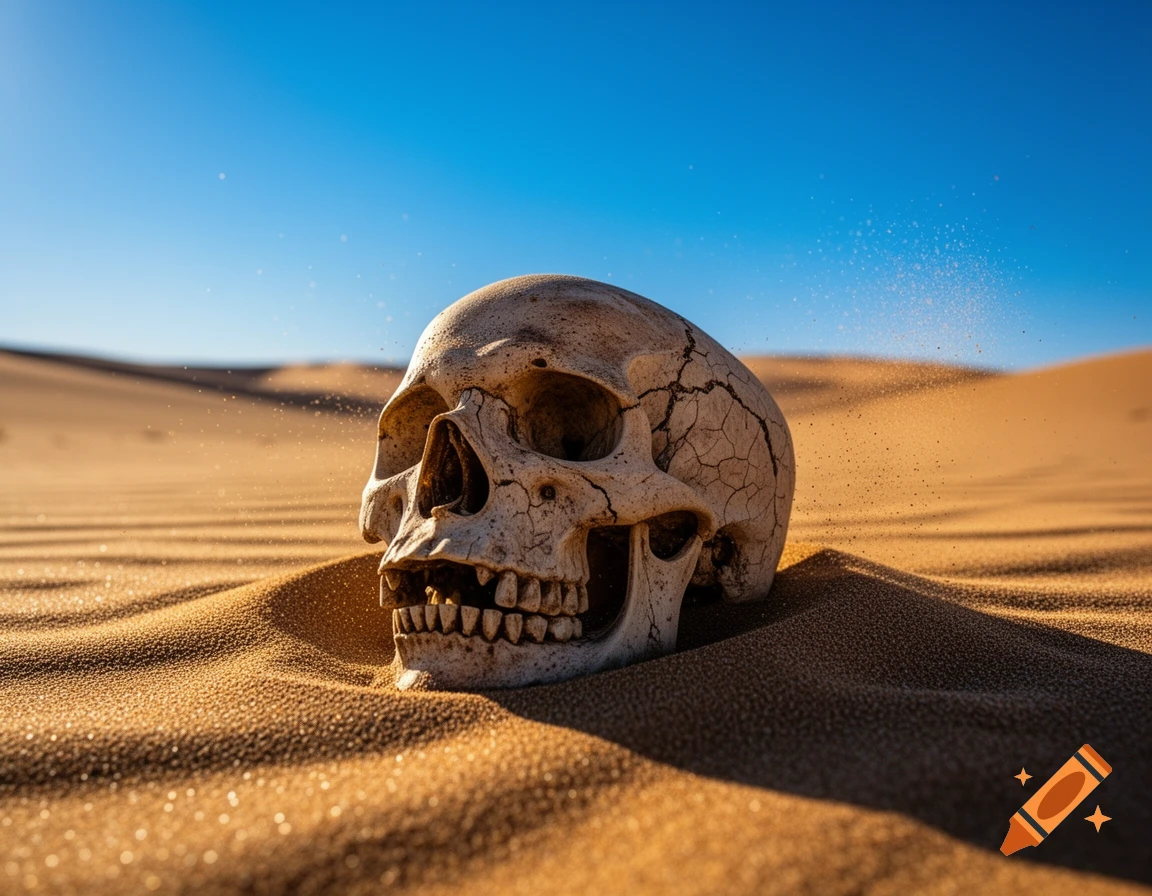 A weathered human skull half-buried in golden desert sand under a clear blue sky, with sand particles blowing.
