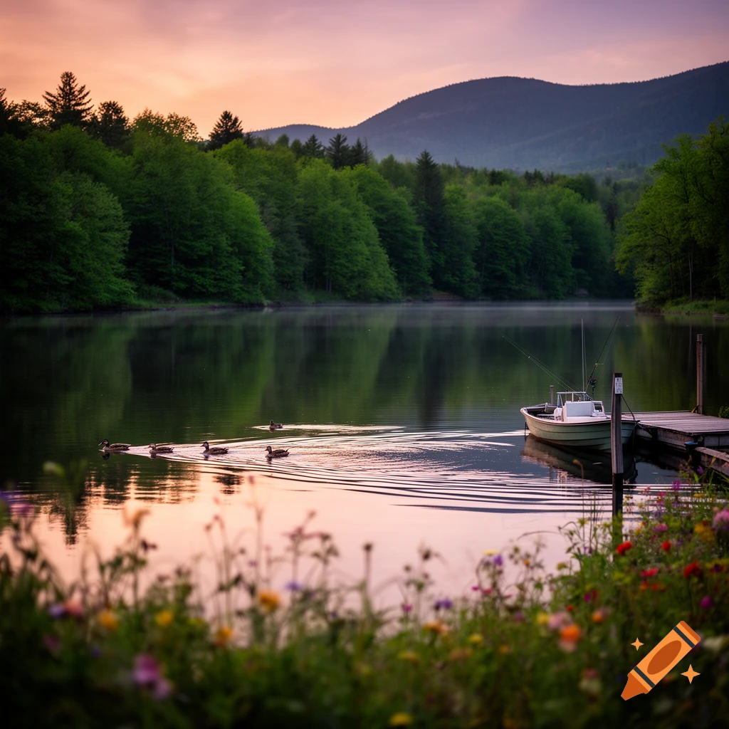 A tranquil lake at sunset featuring ducks, a small boat docked, lush green forests, and distant mountains. Wildflowers in the foreground.