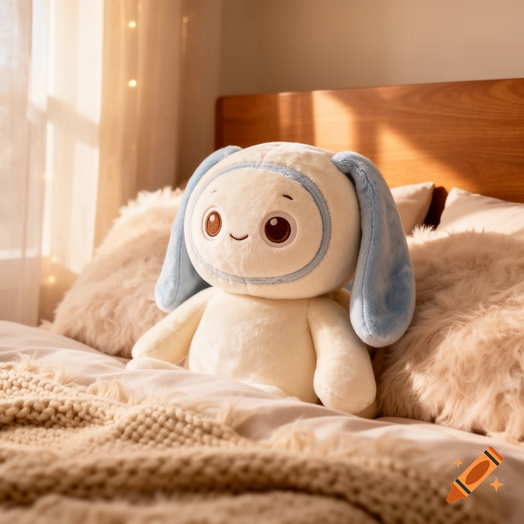 A cream-colored plush bunny toy with light blue ears and facial outline sits on a cozy bed with warm lighting.