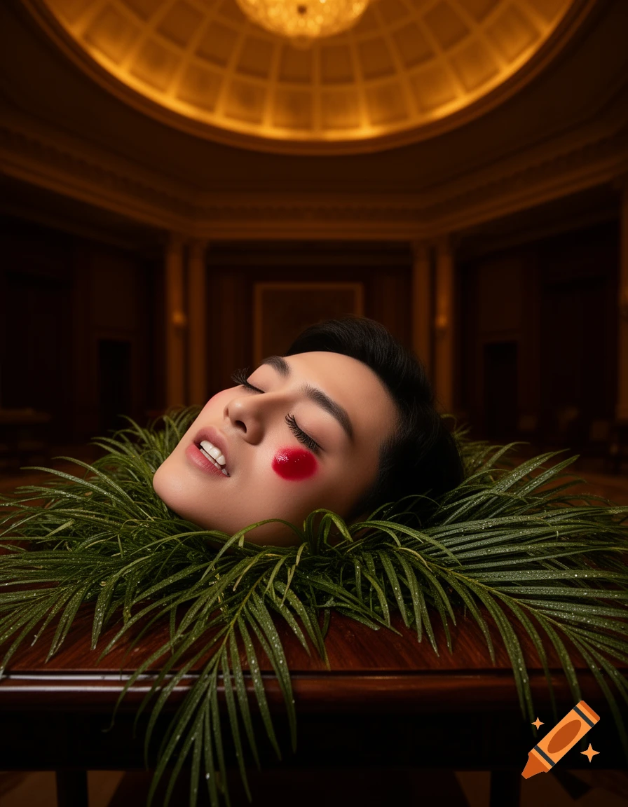 Close-up of a person's head with closed eyes and red cheek makeup, resting on green palm leaves on a wooden table in a dimly lit, ornate room with a chandelier.