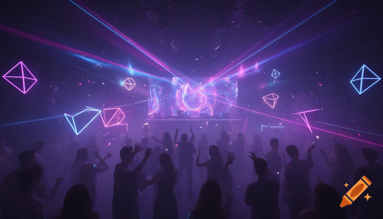 Silhouettes dance in a neon-lit club with purple and blue laser beams, glowing geometric shapes, and psychedelic visuals on a large screen.