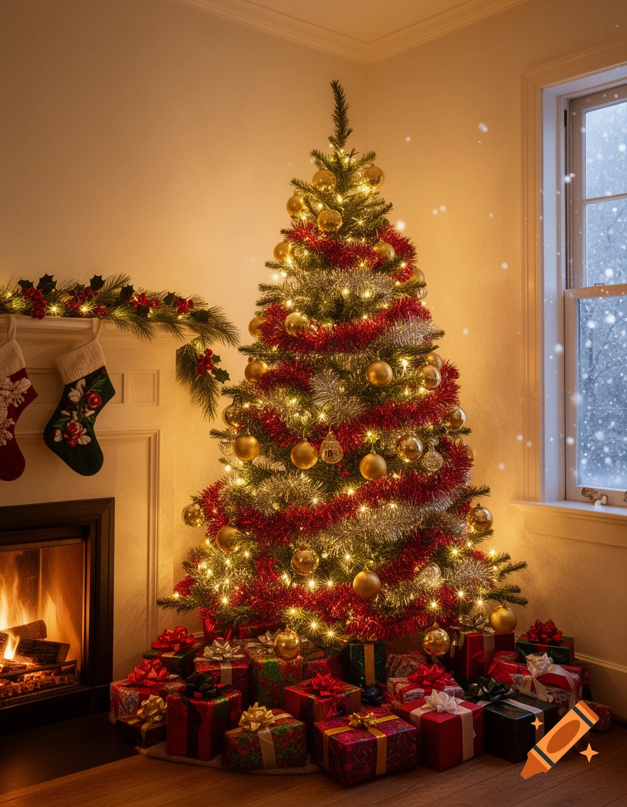 A beautifully decorated Christmas tree with golden ornaments and red tinsel, surrounded by wrapped gifts next to a glowing fireplace and a snowy window.