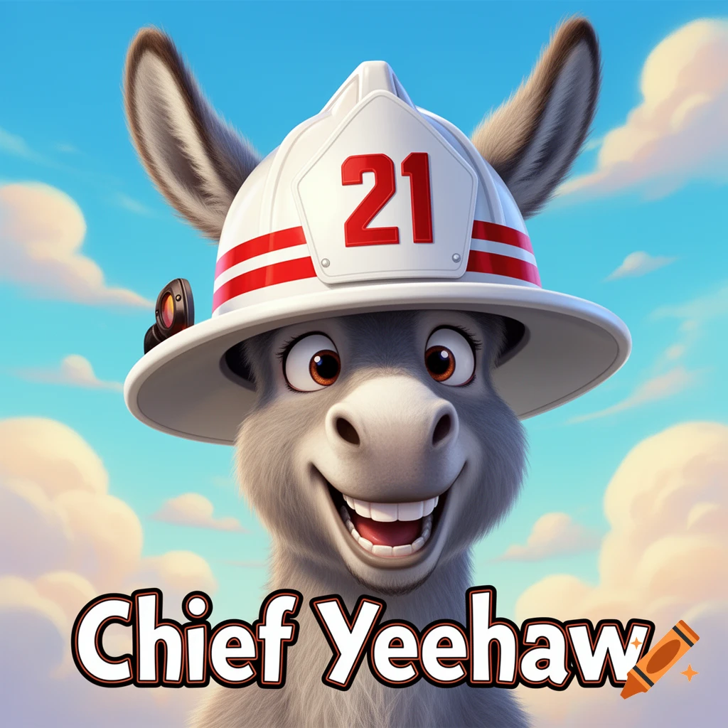A goofy cartoon donkey wearing a white fire chief helmet with "21" on it, smiling against a cloudy sky. Text below reads "Chief Yeehaw".