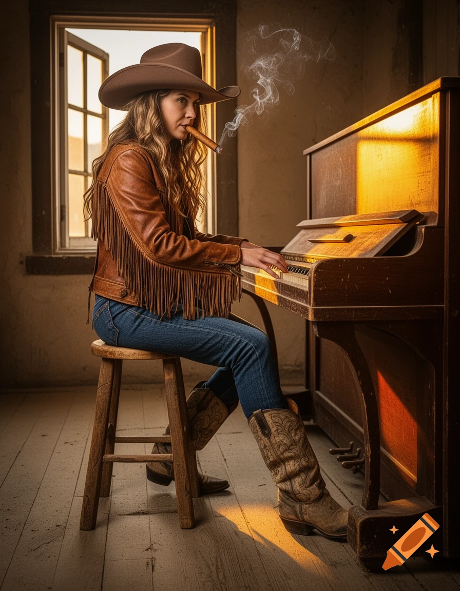 A cowgirl in a cowboy hat and fringed leather jacket plays an upright piano while smoking a cigar, bathed in warm light from a window.