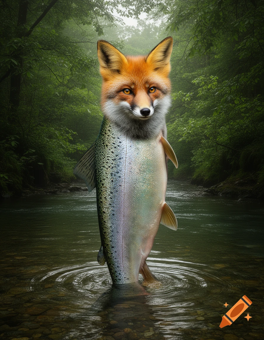 Photorealistic image of a fox's head on a fish's body standing upright in a river surrounded by a lush forest.