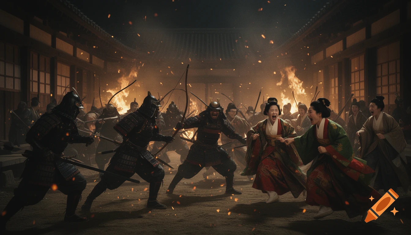 Photorealistic scene of the Sanjō Palace Massacre: armed samurai attack a wooden palace at night, illuminated by fires, as panicked courtiers flee.