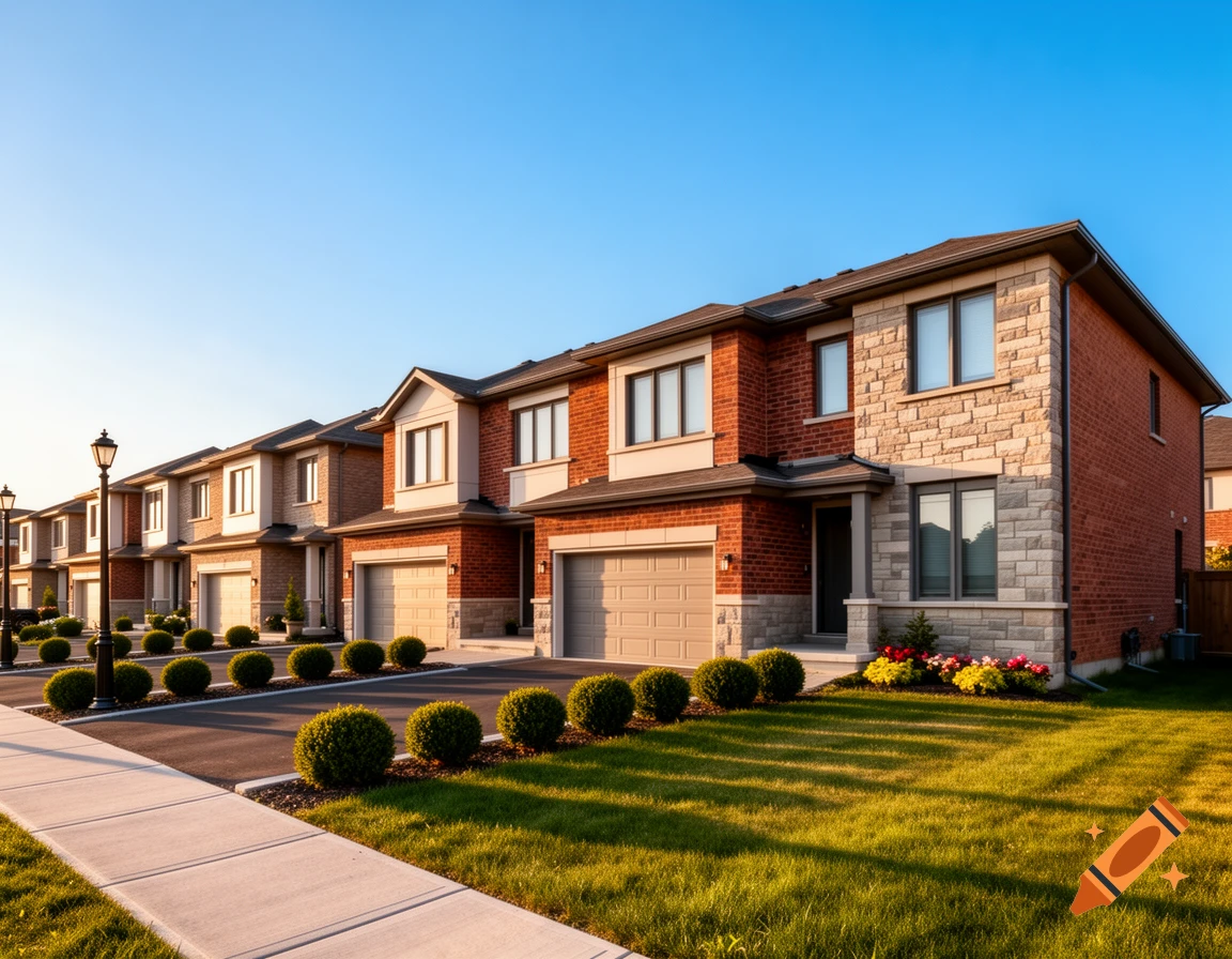 Photorealistic image of a row of modern brick and stone townhomes with manicured lawns under a clear blue sky on a sunny day.