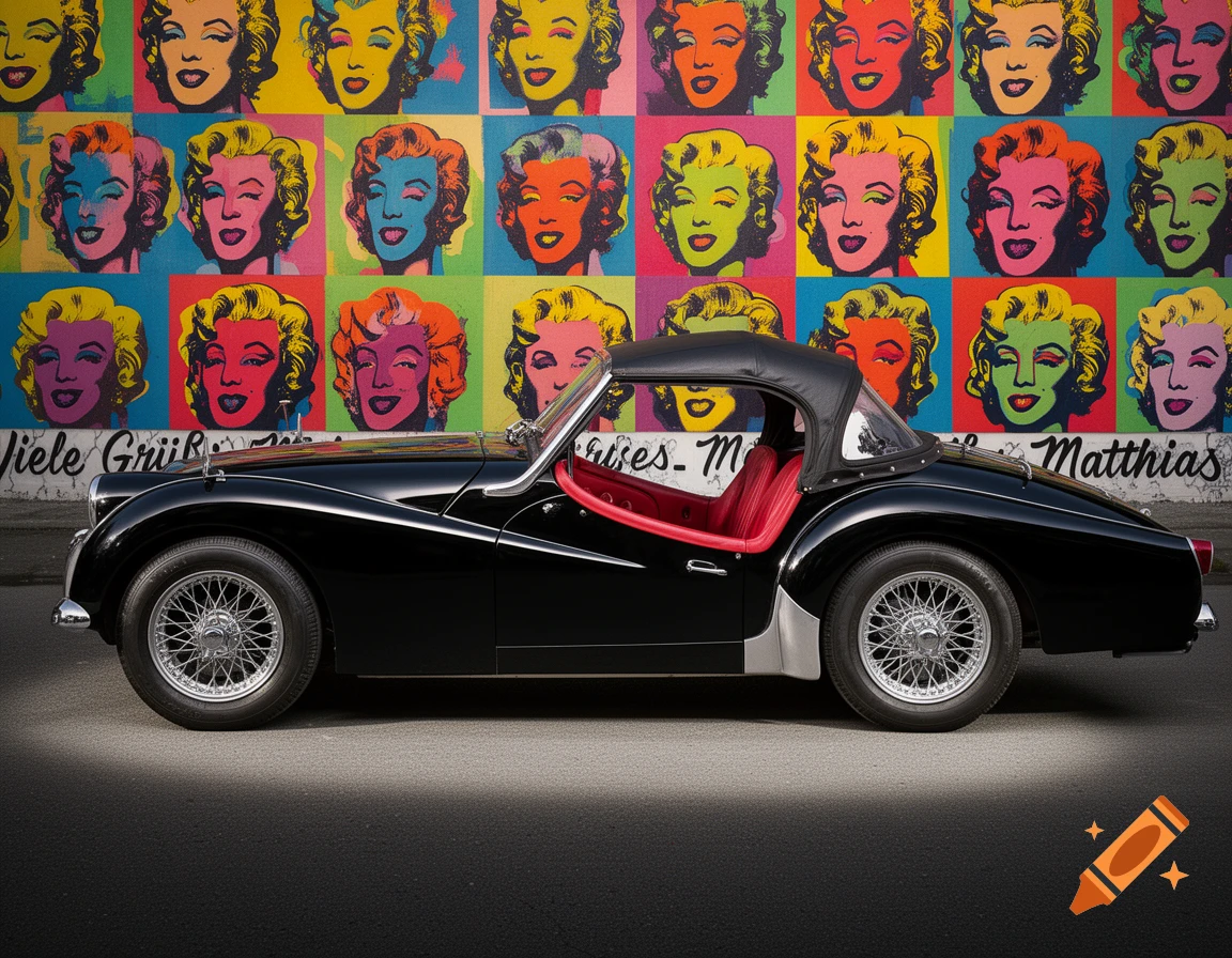 A black Triumph TR3A convertible with red interior and chrome wheels is parked in front of a colorful pop art mural of Marilyn Monroe.