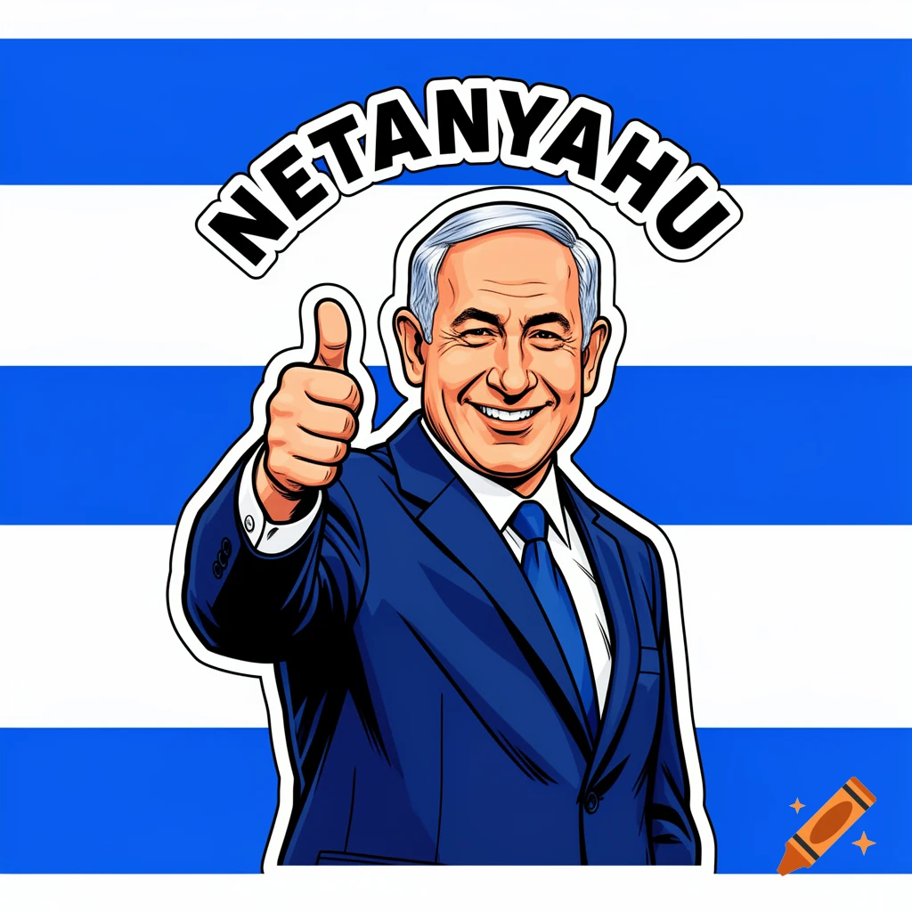 Cartoon sticker of Benjamin Netanyahu giving a thumbs up against a blue and white striped background, with 'NETANYAHU' above him.