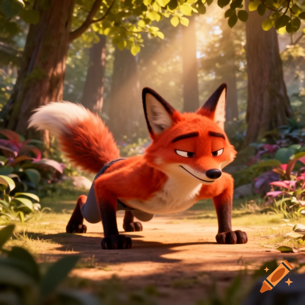 Anthropomorphic orange fox doing push-ups on a dirt path in a sunny forest, 3D animated style.