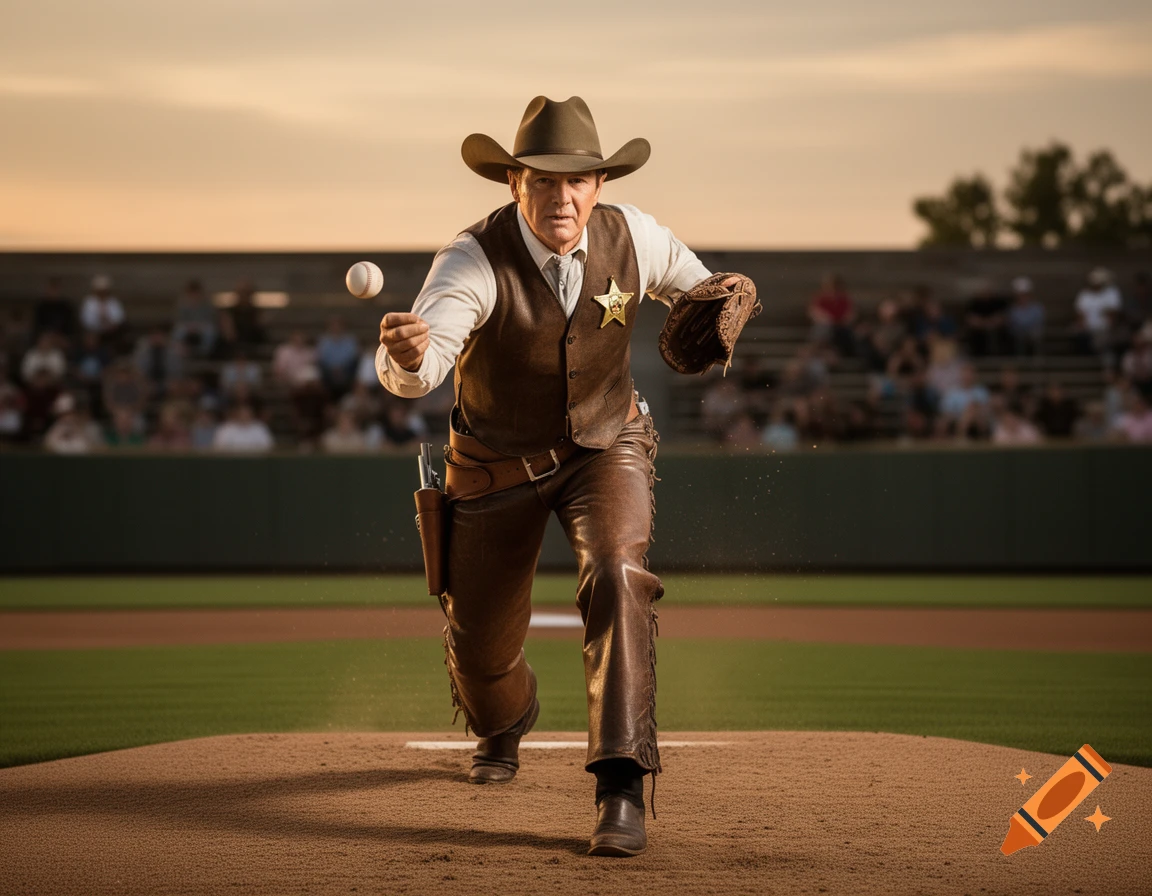 A photorealistic image of a man dressed as a cowboy sheriff throwing a baseball on a pitcher's mound.