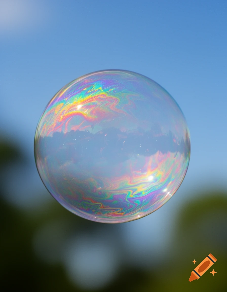 A close-up, photorealistic image of a spherical soap bubble floating against a clear blue sky, showing vibrant rainbow iridescence.